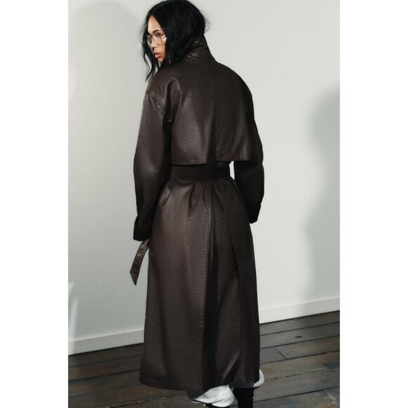 ZARA LONG WAXED TRENCH COAT WITH CORDUROY CUFFS - Picture 7 of 10